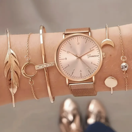 6pcs/set Women's Watch Luxury Rose Golden Quartz 